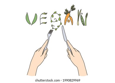 Vegan food and dieting concept. Human hands forming word began out of cutlery and raw natural vegetarian natural ingredients for healthy eating vector illustration 