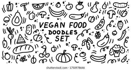 Vegan Food Doodle collection. Natural healthy vegetarian food, vegetables and fruits. Hand drawn lines cartoon icons set. For restaurants, cafes, menu, textile prints, web and graphic design.