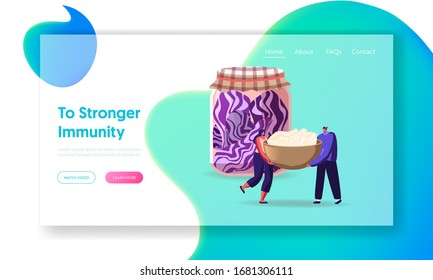 Vegan Food Fermentation Landing Page Template. Tiny Characters Cooking Fermented Food in Glass Jar. Homemade Red Cabbage Preservation, Choucroute Gourmet Recipe, Cartoon People Vector Illustration