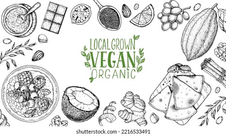 Vegan food frame. Hand drawn vector illustration. Menu design template. Vegan food sketch. Vintage design template. Product design. Great for packaging, recipe book, menu. Vegetarian food sketch.