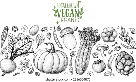 Vegan food frame. Hand drawn vector illustration. Menu design template. Vegan food sketch. Vintage design template. Product design. Great for packaging, recipe book, menu. Vegetarian food sketch.