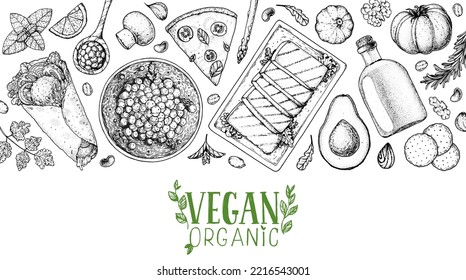 Vegan food frame. Hand drawn vector illustration. Menu design template. Vegan food sketch. Vintage design template. Product design. Great for packaging, recipe book, menu. Vegetarian food sketch.