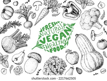 Vegan food frame. Hand drawn vector illustration. Menu design template. Vegan food sketch. Vintage design template. Product design. Great for packaging, recipe book, menu. Vegetarian food sketch.