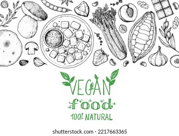 Vegan food frame. Hand drawn vector illustration. Menu design template. Vegan food sketch. Vintage design template. Product design. Great for packaging, recipe book, menu. Vegetarian food sketch.