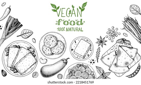 Vegan food frame. Hand drawn vector illustration. Menu design template. Vegan food sketch. Vintage design template. Product design. Great for packaging, recipe book, menu. Vegetarian food sketch.