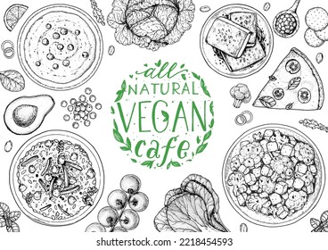 Vegan food frame. Hand drawn vector illustration. Menu design template. Vegan food sketch. Vintage design template. Product design. Great for packaging, recipe book, menu. Vegetarian food sketch.