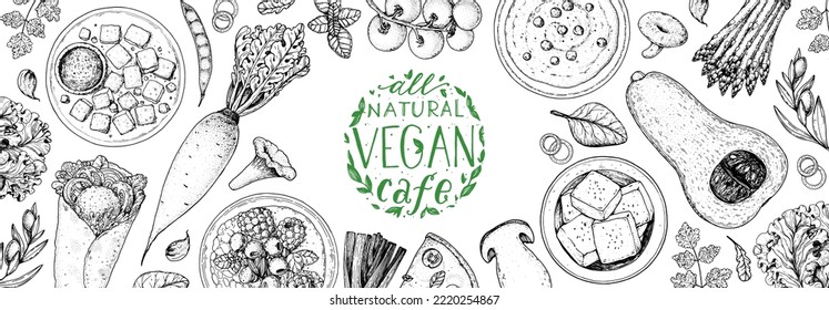 Vegan food frame. Hand drawn vector illustration. Menu design template. Vegan food sketch. Vintage design template. Product design. Great for packaging, recipe book, menu. Vegetarian food sketch.