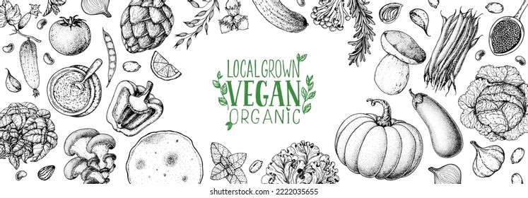 Vegan food frame. Hand drawn vector illustration. Menu design template. Vegan food sketch. Vintage design template. Product design. Great for packaging, recipe book, menu. Vegetarian food sketch.