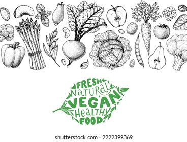 Marco de comida vegana. Ilustración vectorial dibujada a mano. Plantilla de diseño de menú. Esbozo de comida vegana. Plantilla de diseño de época. Diseño del producto. Excelente para empaque, libro de recetas, menú. Esbozo de comida vegetariana.