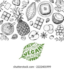 Marco de comida vegana. Ilustración vectorial dibujada a mano. Plantilla de diseño de menú. Esbozo de comida vegana. Plantilla de diseño de época. Diseño del producto. Excelente para empaque, libro de recetas, menú. Esbozo de comida vegetariana.