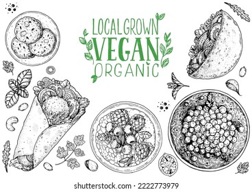 Vegan food frame. Hand drawn vector illustration. Menu design template. Vegan food sketch. Vintage design template. Product design. Great for packaging, recipe book, menu. Vegetarian food sketch.