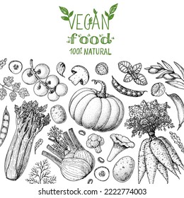 Vegan food frame. Hand drawn vector illustration. Menu design template. Vegan food sketch. Vintage design template. Product design. Great for packaging, recipe book, menu. Vegetarian food sketch.