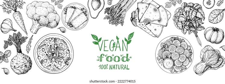 Vegan food frame. Hand drawn vector illustration. Menu design template. Vegan food sketch. Vintage design template. Product design. Great for packaging, recipe book, menu. Vegetarian food sketch.