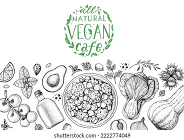 Vegan food frame. Hand drawn vector illustration. Menu design template. Vegan food sketch. Vintage design template. Product design. Great for packaging, recipe book, menu. Vegetarian food sketch.