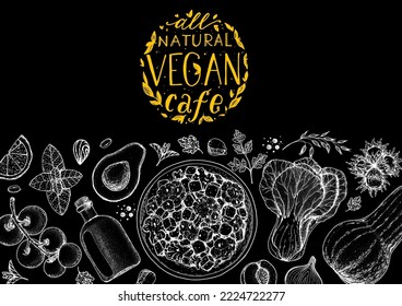 Vegan food frame. Hand drawn vector illustration. Menu design template. Vegan food sketch. Vintage design template. Product design. Great for packaging, recipe book, menu. Vegetarian food sketch.