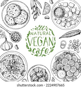 Vegan food frame. Hand drawn vector illustration. Menu design template. Vegan food sketch. Vintage design template. Product design. Great for packaging, recipe book, menu. Vegetarian food sketch.