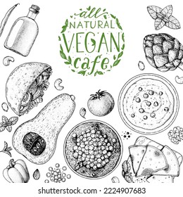 Vegan food frame. Hand drawn vector illustration. Menu design template. Vegan food sketch. Vintage design template. Product design. Great for packaging, recipe book, menu. Vegetarian food sketch.