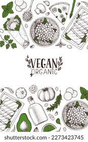 Vegan food frame. Hand drawn vector illustration. Menu design template. Vegan food sketch. Vintage design template. Product design. Great for packaging, recipe book, menu. Vegetarian food sketch.