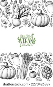 Vegan food frame. Hand drawn vector illustration. Menu design template. Vegan food sketch. Vintage design template. Product design. Great for packaging, recipe book, menu. Vegetarian food sketch.