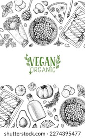 Vegan food frame. Hand drawn vector illustration. Menu design template. Vegan food sketch. Vintage design template. Product design. Great for packaging, recipe book, menu. Vegetarian food sketch.