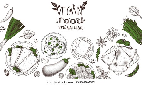 Vegan food frame. Hand drawn vector illustration. Menu design template. Vegan food sketch. Vintage design template. Product design. Great for packaging, recipe book, menu. Vegetarian food sketch.