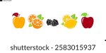Vegan food. Fresh fruit with berries silhouette. Isolated orange fruit lemon blackberry and yellow apple with leaves. Organic food vector illustration 
