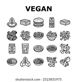 vegan food fresh organic icons set vector. vegetarian healthy, green fruit, diet nutrition, bio market, meal leaf vegetable vegan food fresh organic black contour illustrations