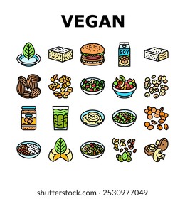 vegan food fresh organic icons set vector. vegetarian healthy, green fruit, diet nutrition, bio market, meal leaf vegetable vegan food fresh organic color line illustrations