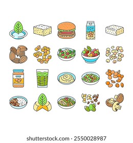 vegan food fresh organic icons set vector. vegetarian healthy, green fruit, diet nutrition, bio market, meal leaf vegetable vegan food fresh organic color line illustrations