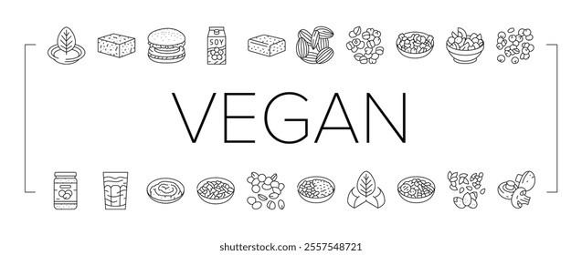 vegan food fresh organic icons set vector. vegetarian healthy, green fruit, diet nutrition, bio market, meal leaf vegetable vegan food fresh organic black contour illustrations