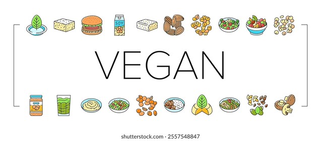 vegan food fresh organic icons set vector. vegetarian healthy, green fruit, diet nutrition, bio market, meal leaf vegetable vegan food fresh organic color line illustrations