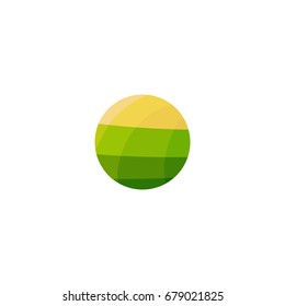 Vegan food green field with yellow sun. Vegetarian restaurant, cafe logo. Isolated abstract decorative logos, design element template on white background