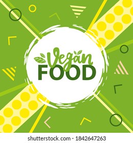 Vegan food green sign with white label and lettering logo ecological concept. Healthy lifestyle and care for nature. Nature conservation society concept. Production of pure healthy foods flat vector