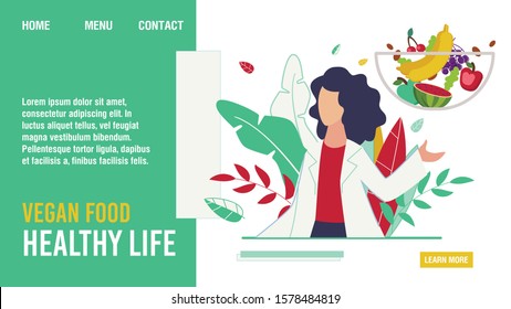 Vegan Food for Healthy Life Promoting Flat Landing Page. Cartoon Female Doctor Nutritionist Dieting Expert Describing Fruits and Vegetables in Human Diet Benefits Design. Vector Illustration