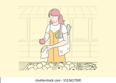 Vegan food, housewife, eco concept. Young happy woman or girl puts food in bags. Happy lady in a good mood chooses the best vegetables and fruits for her family. Shopping on site. Simple flat vector.