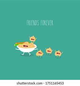 vegan food hummus celery friends forever. Vector illustration. Cute, funny image. Use for card, poster, banner, web design and print on t-shirt. Easy to edit.