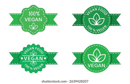 Vegan Food Icon Collection and Green Labels Set with Ribbon Banners – 100% Vegan Badges and Vector Elements for Logos, Labels, Stickers, and Organic Product Tags