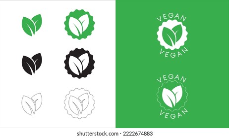 Vegan food icon. Organic, bio, eco symbol. Vegan, no meat, lactose free, healthy, Round green vector illustration with leaves for stickers, labels and logos