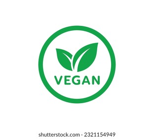 Veganisches Essenssymbol. Bio-, Bio-, Öko-Symbole. Runde grüne Vektorgrafik mit Blättern für Aufkleber, Etiketten und Logos