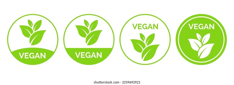 Señal de insignia del icono de comida vegana. Biografía, Ecología, Logotipos y distintivos orgánicos, etiqueta, etiqueta. Hoja verde sobre fondo blanco. Ilustración vectorial.