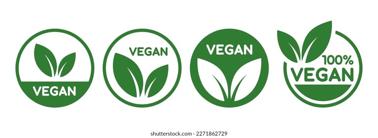 Vegan food icon set badge sign. Bio, Ecology, Organic logos and badges, label, tag. Green leaf on white background. Vector illustration.