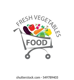 Vegan food icon in stylish green and orange logo with fresh vegetables in a cart on the text, isolated on white