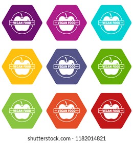 Vegan food icons 9 set coloful isolated on white for web
