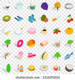 Vegan food icons set. Isometric style of 36 vegan food vector icons for web for any design