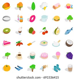 Vegan food icons set. Isometric style of 36 vegan food vector icons for web isolated on white background