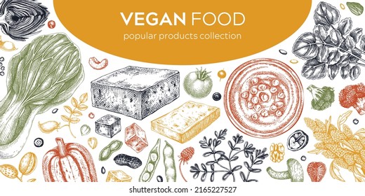 Vegan food illustration in color. Healthy food banner template. Middle eastern cuisine frame. Hand drawn vegan meals and ingredients for menu, recipe, packaging design. Vegan food background