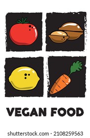 vegan food illustration, healthy food set, drawing of a tomato, lemon, carrot and walnuts