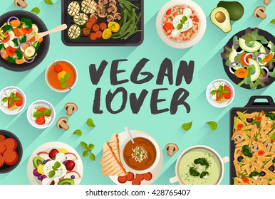 Vegan Food : Food Illustration In Top View : Vector Illustration