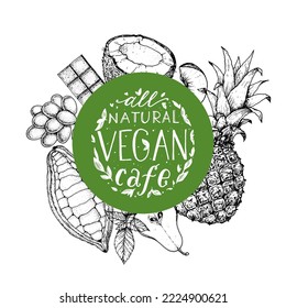 Vegan food label. Hand drawn vector illustration. Menu design template. Vegan food sketch. Vintage design template. Product design. Great for packaging, recipe book, menu. Vegetarian food sketch.