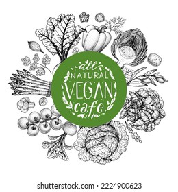 Vegan food label. Hand drawn vector illustration. Menu design template. Vegan food sketch. Vintage design template. Product design. Great for packaging, recipe book, menu. Vegetarian food sketch.